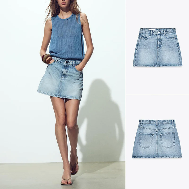 

New Summer Women's Faion Metal Button Decorated Five ket Waed Denim Skirt High Waist A-Line Stand Fit ort Skirt