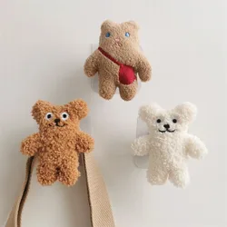 Plush Bear Wooden Wall Hook Self-adhesive Plush Bear Hook Towel Coat Storage Holder Kids Room Decoration Wardrobe Door Decor