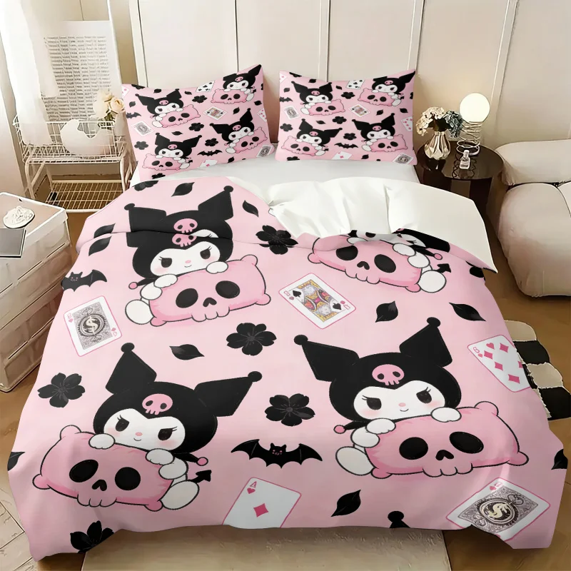 クロミ-サンリオ寝具セット-ゴシック-カワイイ-ピンク-スカル-ポーカー柄-布団カバーセット-女の子の寝室用-アニメ-ダーク-キュート-ベッドリネン