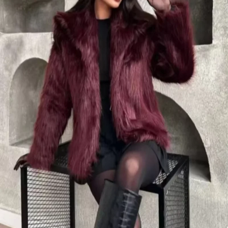 Women's Fur Coat Women 2024 Plush Burgundy Bomber Jacket Solid Crop Long Sleeve Jacket Warm Winter Coats Woman Casual Coats