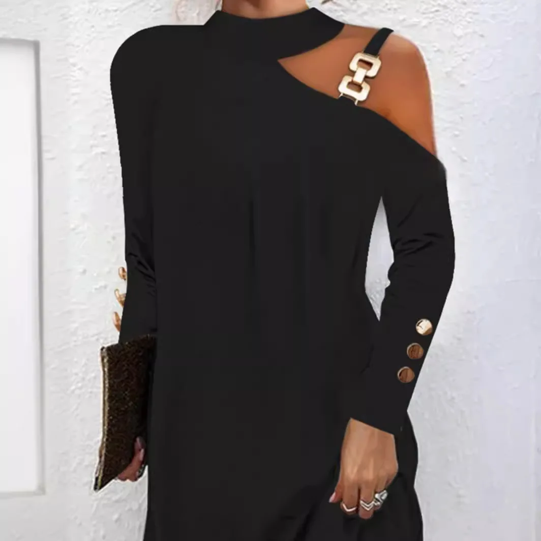 여성용 긴 소매 드레스 2025 가을 겨울 캐주얼 보헤미안 미디 파티 롱 드레스 가을 홀터넥 미디 드레스 메탈 버튼 포함