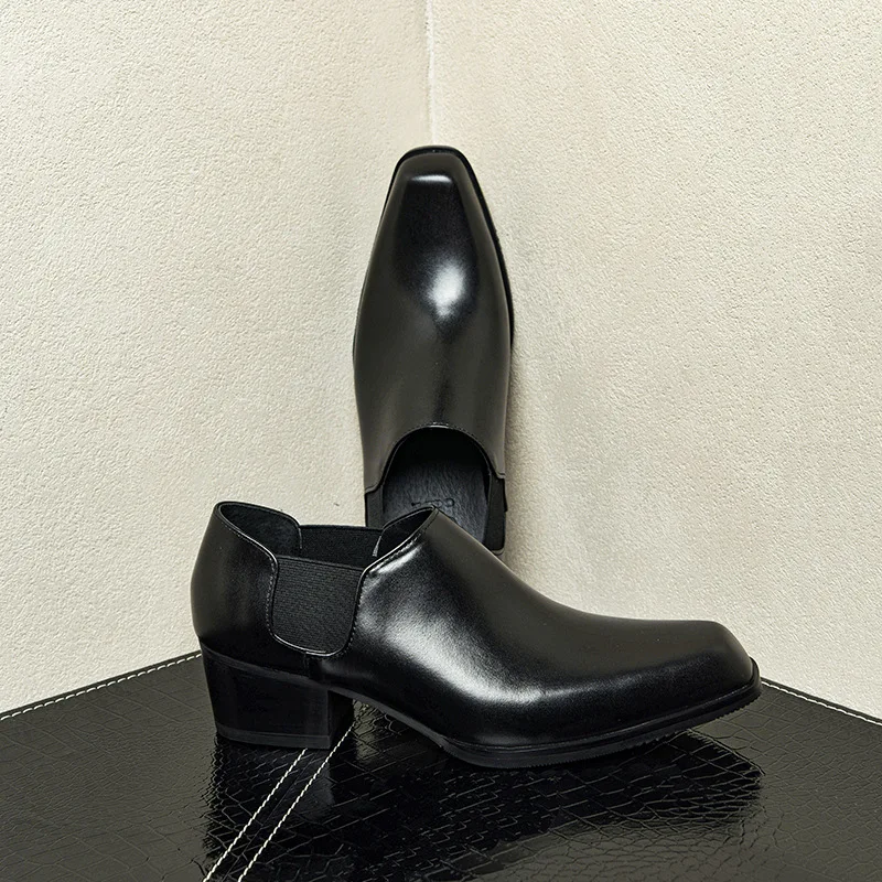 Retro Square Toe Low Ankle Genuine Leather Boots Chunky Block Heel Stretch Side Panel Elegant Men Business Wedding Dress Shoes