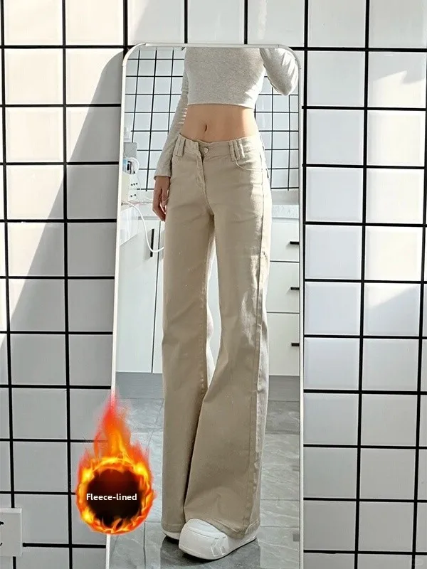 

Ретро-джинсы женские зимние, цвет хаки, расклешенные, на флисовой подкладке, теплые, облегающие, свободные, с широкими штанинами, на пуговицах на талии...