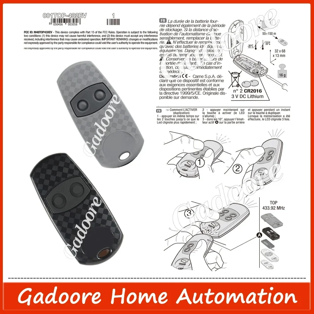 Gadoore TOP432 EV EE NA 433MHz Remote Garage Door Opener Compatible with TOP432 Came TOP342 - Replacement Transmitter