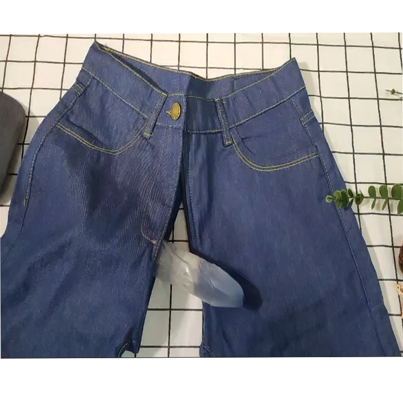 Celana panjang lurus longgar pria, Jeans Sutra elastis selangkangan terbuka pria ukuran besar Denim kargo pakaian jalanan kasual Vintage