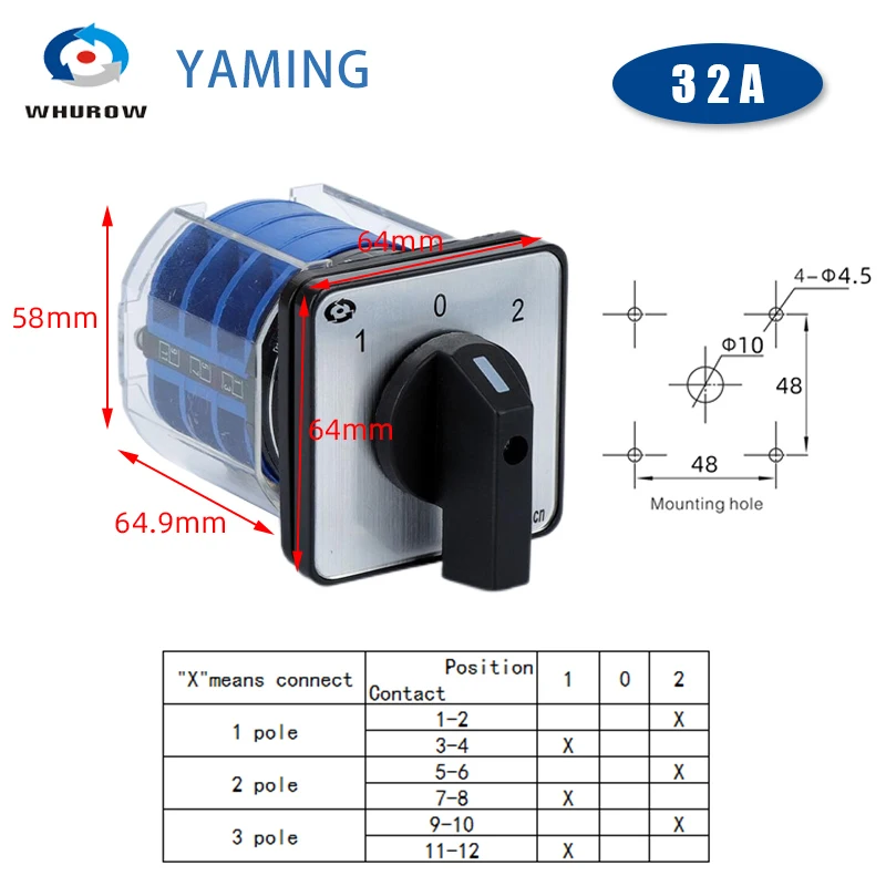 Yaming Electric LW26-32/3 Omschakeling Rotary Cam Switch Met Plastic Cover 660V 32A 3 Polen Aan-uit-Aan Controle Motor LW28 YMW26