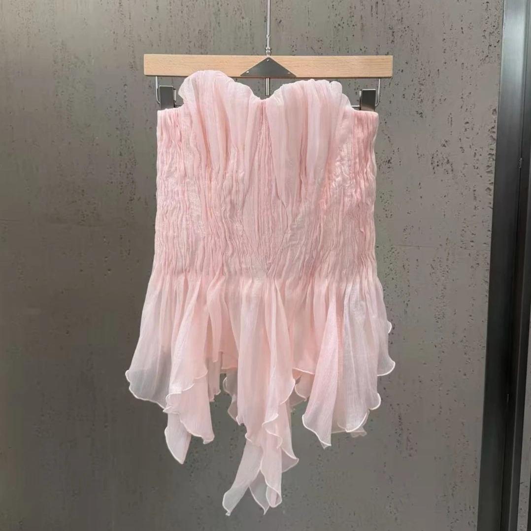 

Розовый топ-бандо с плиссировкой и асимметричным подолом, с открытыми плечами, идеально подходит для отпуска, коллекция Весна-Лето 2026