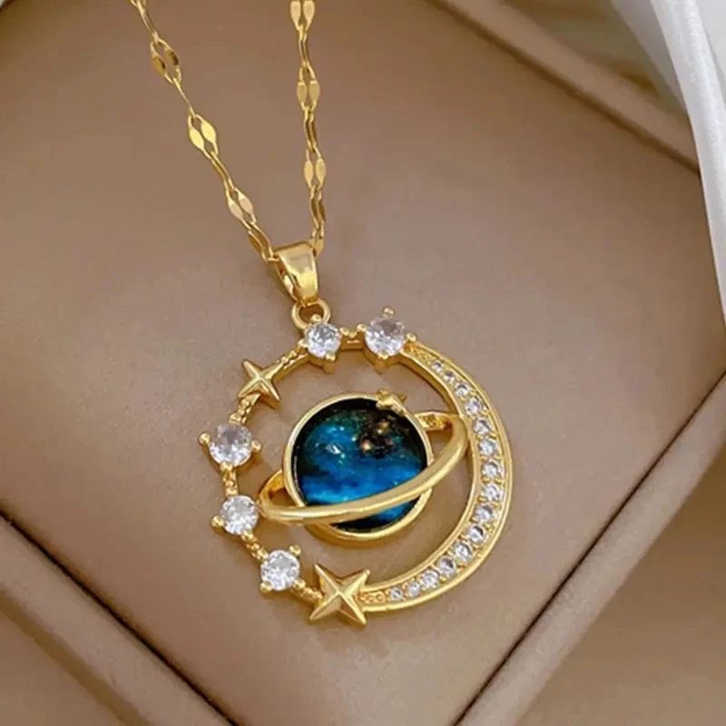 Licht Luxus Titan Stahl Stern Serie Halskette für Frauen Gold Farbe Planet Mond Astronaut Anhänger Halsketten Schmuck Geschenke – Detail 2