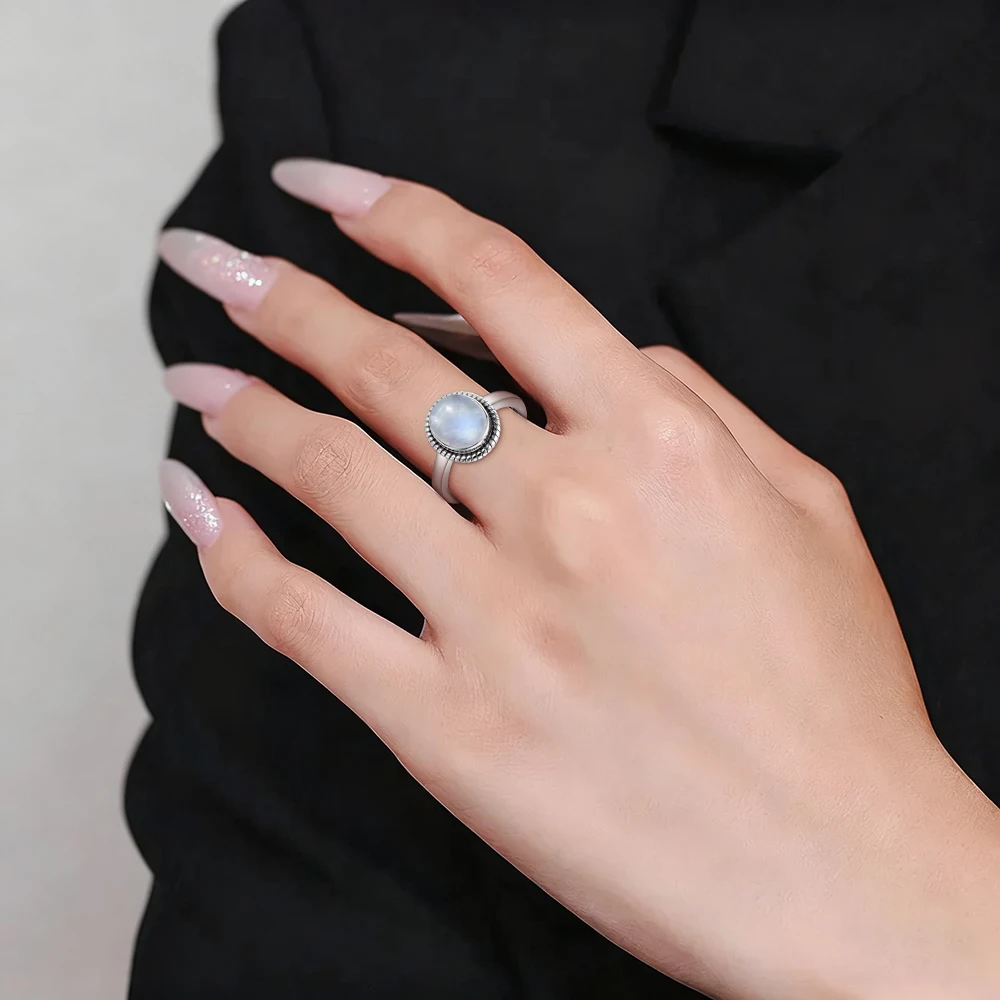 Vintage Style 925 Silver Natural Stone Rings with Moonstone Quartz Black Onyx Ring Round Oval Simple Rings For Women Men