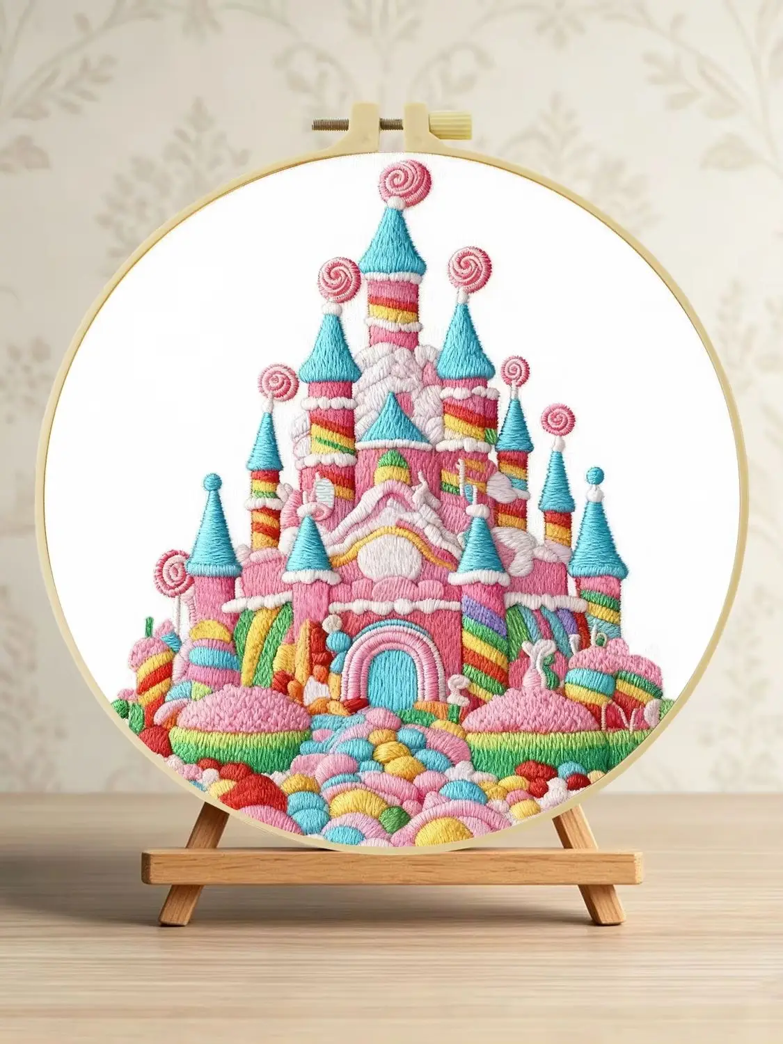Rosa Süßigkeiten-Schloss 1 Stück DIY Stickerei-Material-Set für Anfänger Stickerei-Starter-Kit Kreuzstich-Kunst als Geschenk Nadelarbeiten – Detail 1