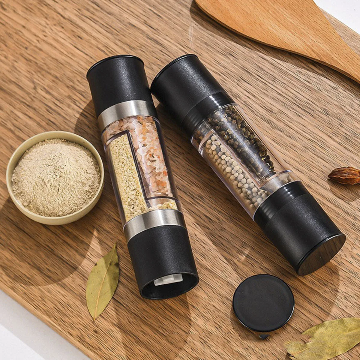 

2pcs Double head spice grinder 2-in-1 black Pepper sea Salt Grinder manual spice grinder Adjustable Coarseness