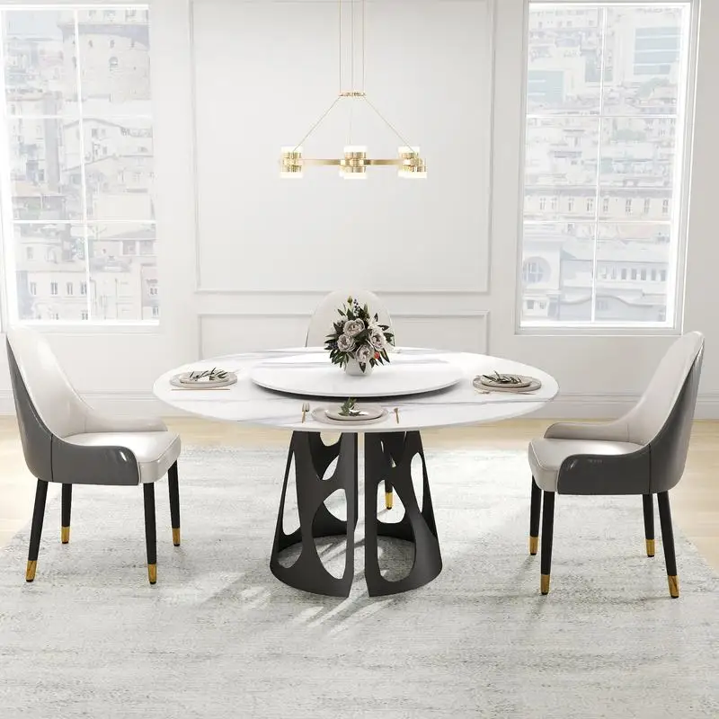 

59,05-дюймовый круглый мраморный обеденный стол с черным железным основанием, искусственный камень на 6–8 человек, белый поворотный стол 31,5 дюйма, идеально подходит для столовой