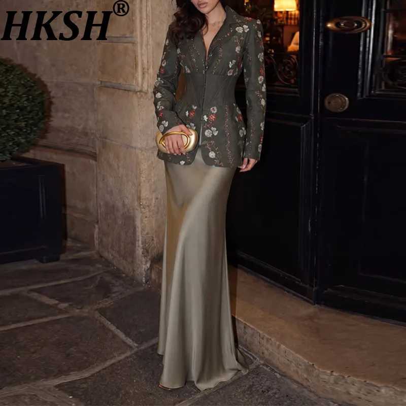 HKSH Women Set Tide Flower Embroidered Waist-cinching Hidden Breasted Design Blazer Elegant Solid Color Trend Long Skirt HK28473