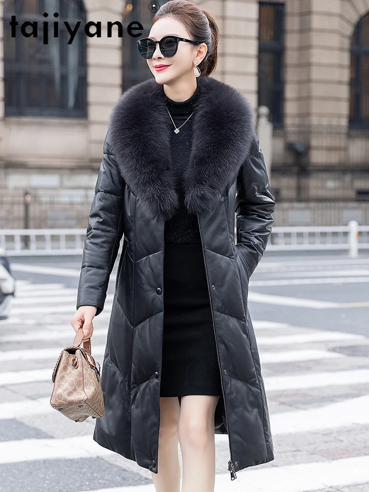TAJIYANE Pufferjacke aus echtem Schaffell für Damen, Fuchspelzkragen, weißer Gänsedaunenmantel, echte Lederjacken, 2025, Damenbekleidung