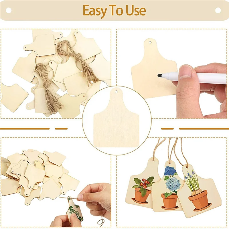 120 Pieces Wooden Cow Ear Tags Blank DIY Wooden Tags With Ropes For DIY Craft Christmas Party Decor
