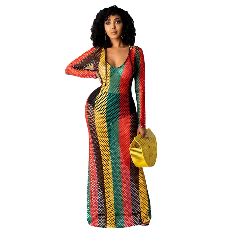 

Rainbow Striped Maxi Cover Ups Dress For Women Long Sleeve Hooded Beachwear Outfits Sexy Hollow Out See Through Nightclub Dress