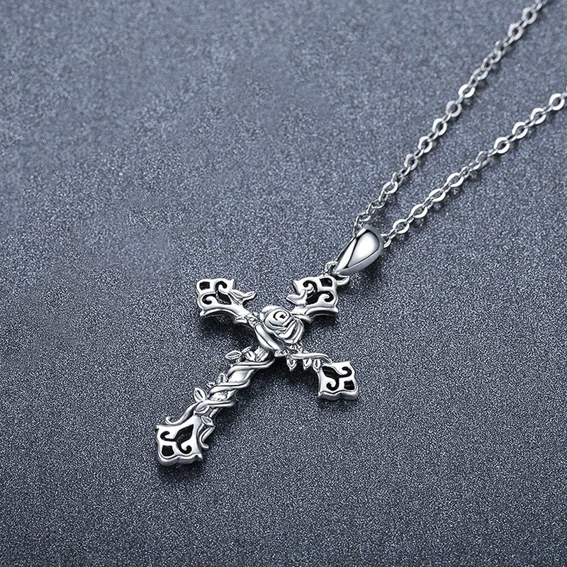 CAOSHI Creative Flower Entwined Cross Design Pendant Necklace for Women Personality Lady Party Accessories Silver Color Jewelry