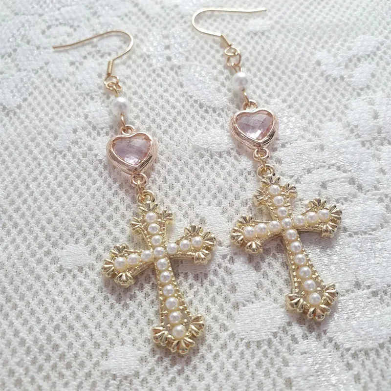 Pearl Cross Heart Earrings Vintage Style Grunge Unique Faerie Goth Fairy Earrings