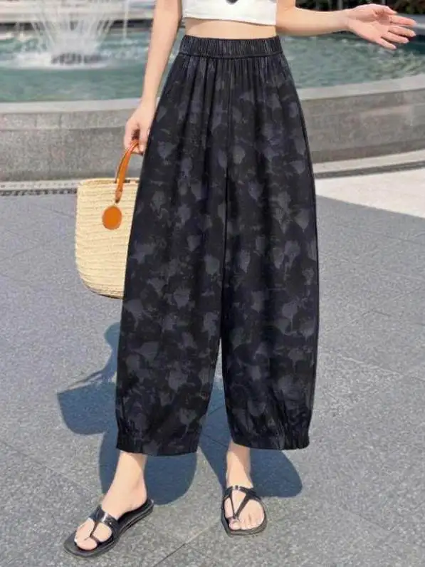 Summer Thin Embroidered Bloom Loose High Waist Drapey Cuffed Nine-Piece Cotton Linen Wide Leg Pants Women's Casual Trousers