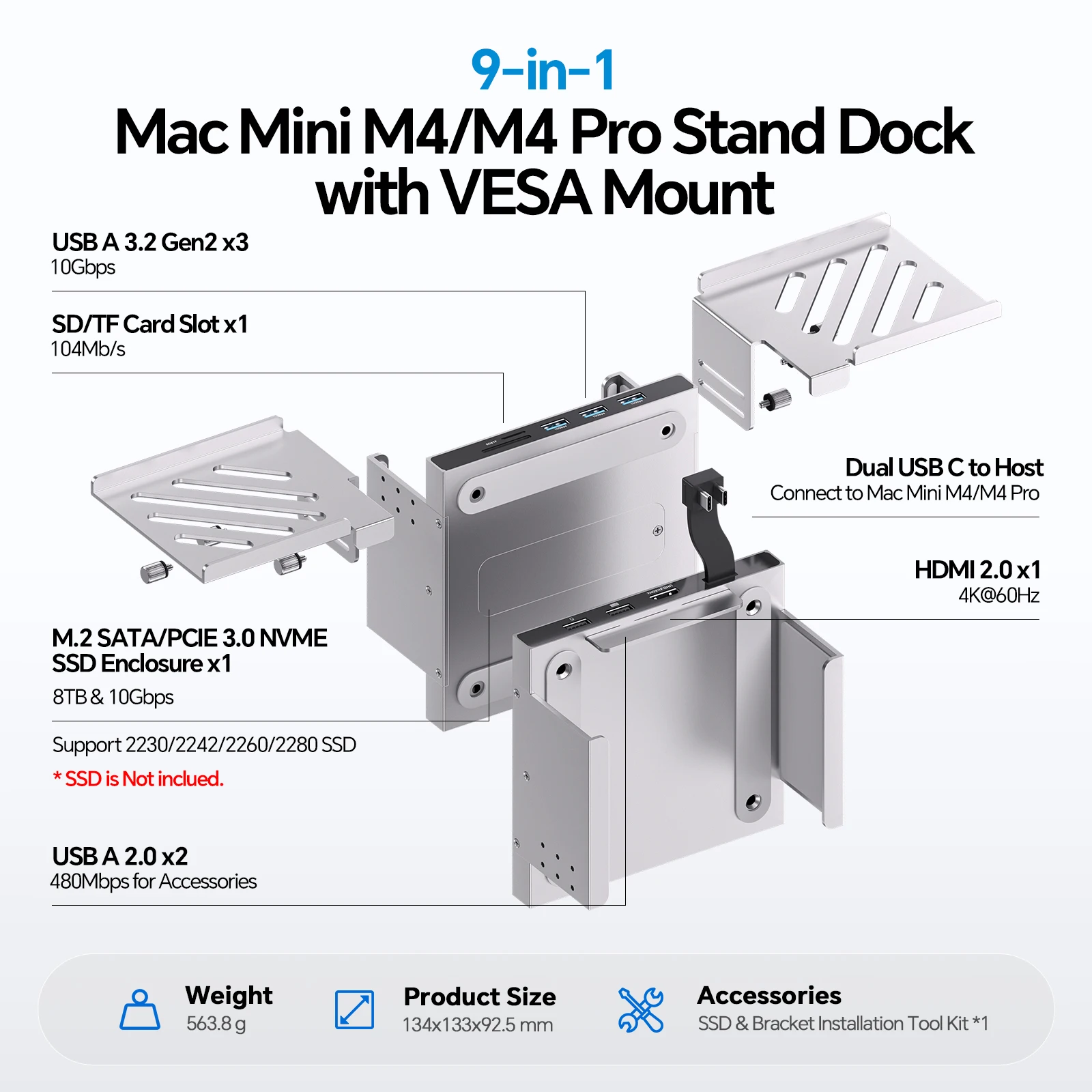 PULWTOP Mac mini M4 Hub with NVMe SSD Enclosure, HDMI 4K@60Hz, USB-A10Gbps, Metal Bracket Holder for Monitor, Desk and VESA Port