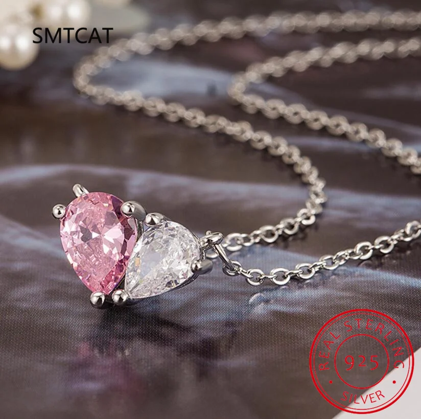 Pear Created Pink Sapphire 925 Sterling Silver Heart Pendant Necklace for Women Gemstone Fine Jewelry Statement Gift Colar Prata