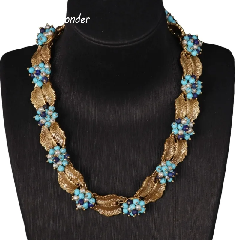 Timeless Wonder Retro Geo Stone Beaded Leaf Necklaces for Women Designer Jewelry Runway Luxury Top Rare Gift Set 4526