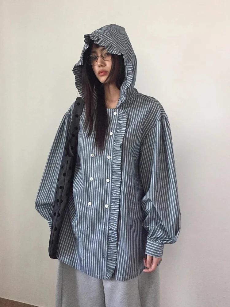 Loose Long Sve Striped irt with Hood for Women Spring New Sle Retro Ear Musoom Lace Casual Versatile Outerwear