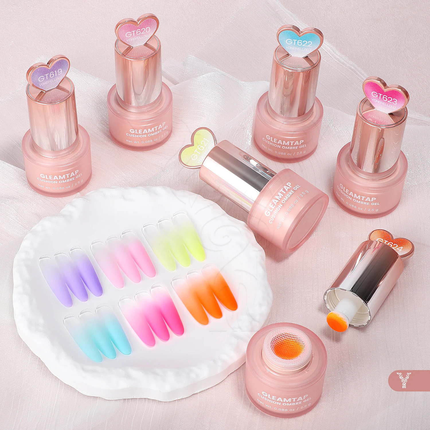 YOKEFELLOW GleamTap Cushion Ombre Painting Gel Schwämme Neon-Orange Hochpigmentiertes No-Wipe Gradient Pat Pat Gel Polish GT624 – Detail 2