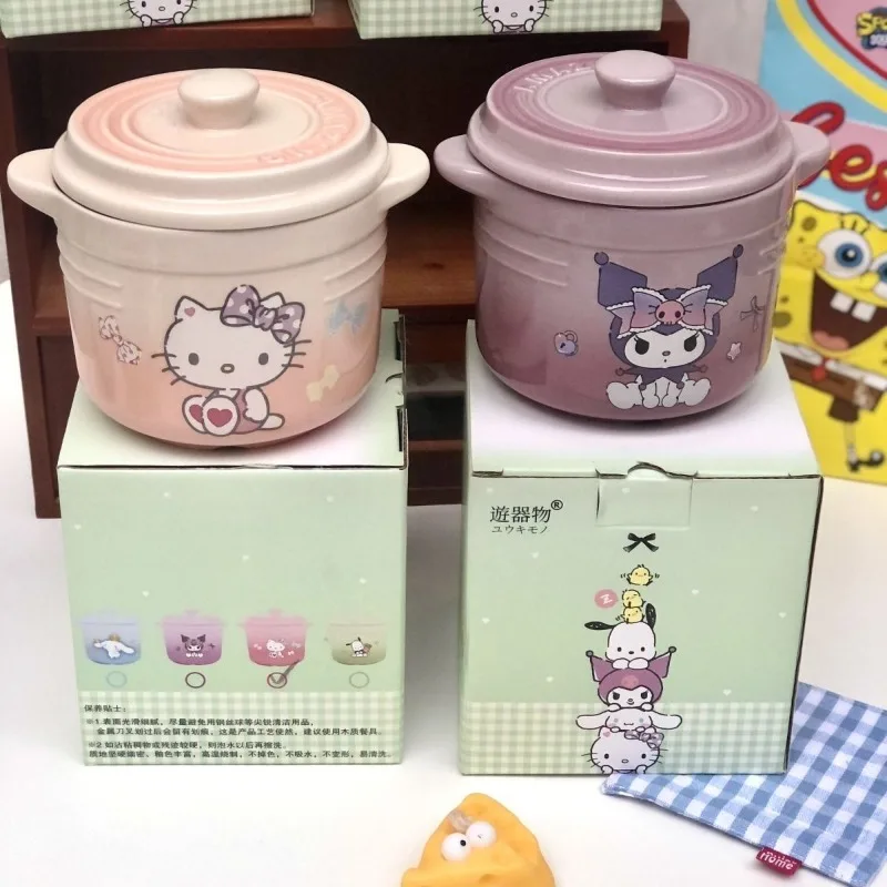 New Sanrio Hello Kitty ceramic double-eared soup household steamed egg and bird's nest stew pot anti-scalding thickened stew pot