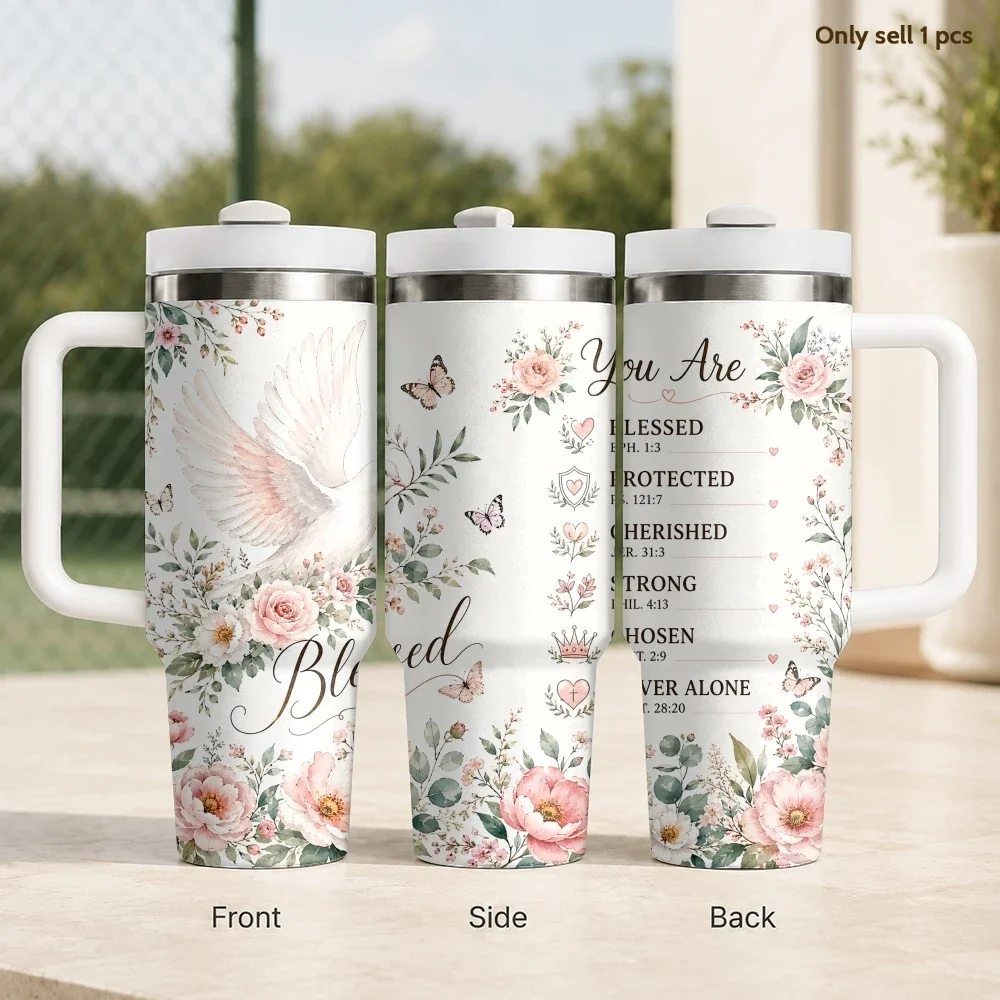 Encouraging Women Christian Words Flower Vacuum Flasks 40oz Stainless Steel Insulated Tumbler Handle Straw Leakproof Travel Mug