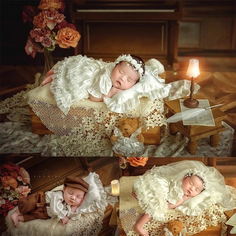 

Newborn Photography Props Girls Princess Wedding Dress Veil Set Boys Gentleman Clothes Set Decor Lights Props for Photoshoot