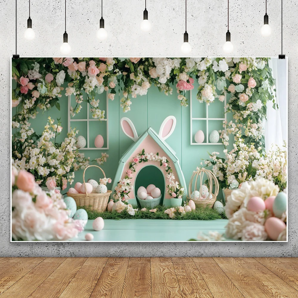 عيد الفصح خلفية الربيع حديقة أرنب عيد الفصح البيض الملون الأزهار التصوير خلفية الطفل حفلة عيد ميلاد ديكور راية