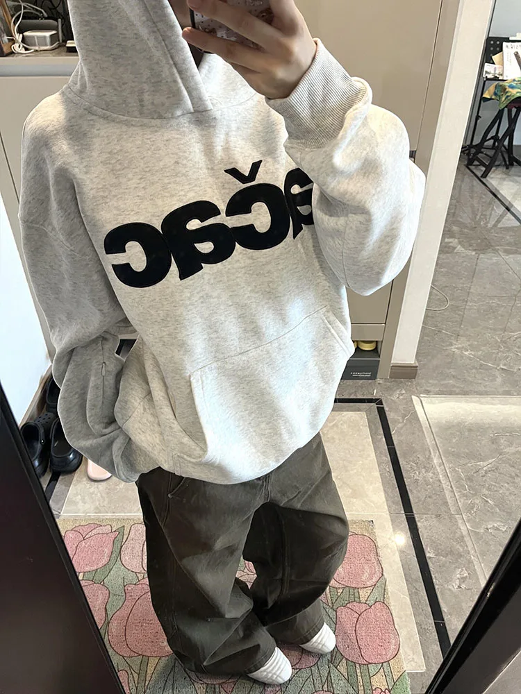 Retro American Letter Patchwork Stickerei Hoodie Damen Herbst Winter Thiened Loose Paar Trendy Oberbekleidung