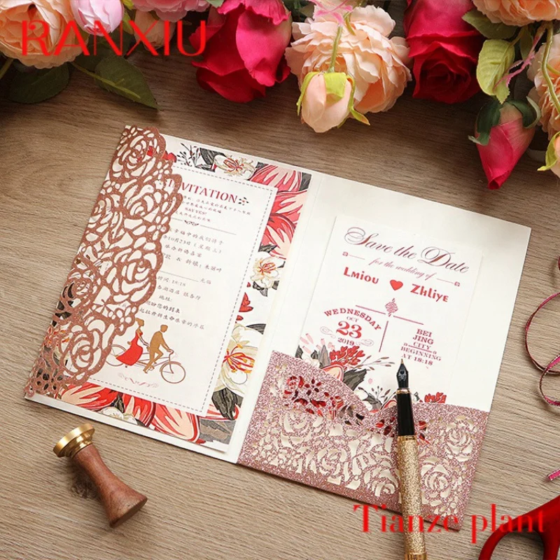 Kits de tarjetas de invitaciones de boda de lujo personalizados, bolsillo Rosa hueco cortado con láser, invitaciones de boda con sobres