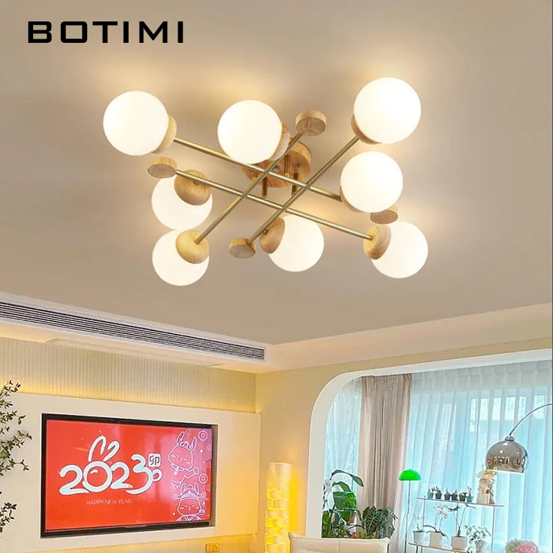 BOTIMI Home Decorative Golden Rode Chandelier With Glass Lampshades For Foyer Designer Solid Wood Bedroom Lights Nordic Lustre