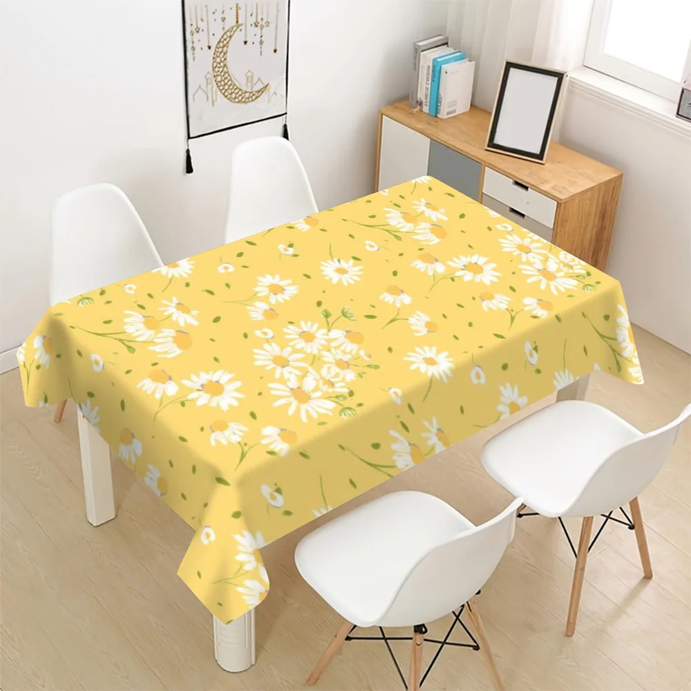 Yellow Floral Pattern Waterproof Tablecloth for Dining Room Kitchen Picnic Outdoor Summer Decor