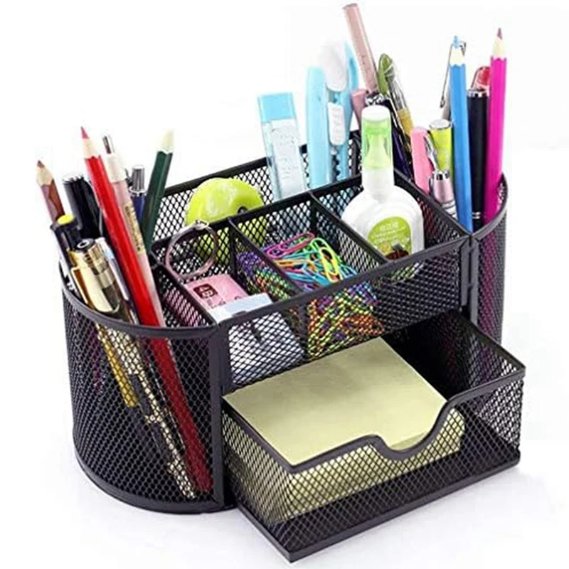 

1 Piece Mesh Pen Holder Black Metal For Desk Pencil Holder With 8 Compartments And 1 Drawer Desk Supplies