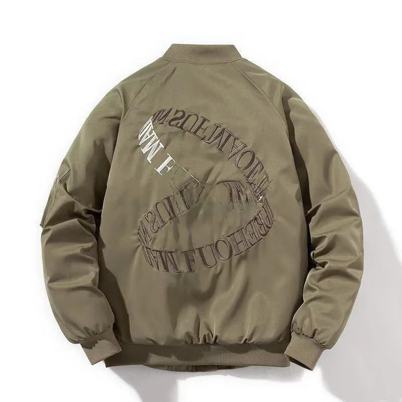 

Thiened Retro American Letter Embroidery Baseball Jaet Pilot Coat Men's Winter Outerwear V-Ne ort Loose Fit Coat