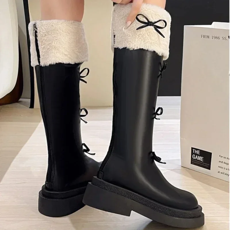 Leather velvet Knee High Boots For Women Winter Fashion bow Platform Knight Boots Woman Fashion Cross-Tied Botas Mujer 2024