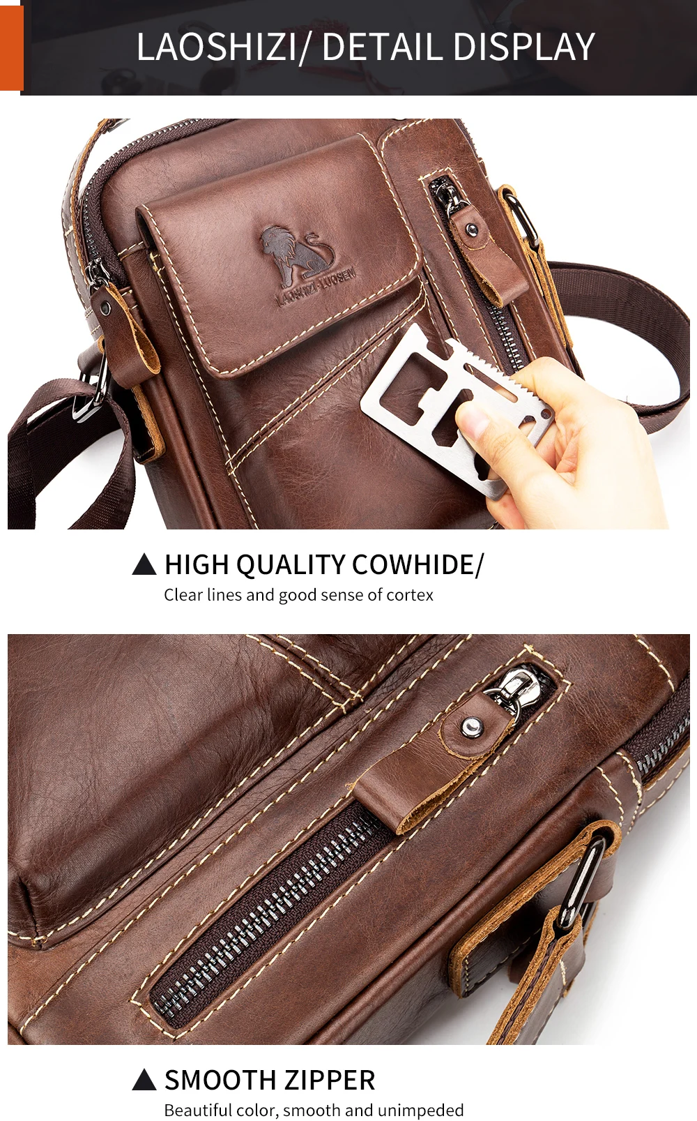Herren-Umhängetasche aus Leder, multifunktionale Umhängetasche aus Rindsleder mit hoher Kapazität, Handtasche – Detail 12