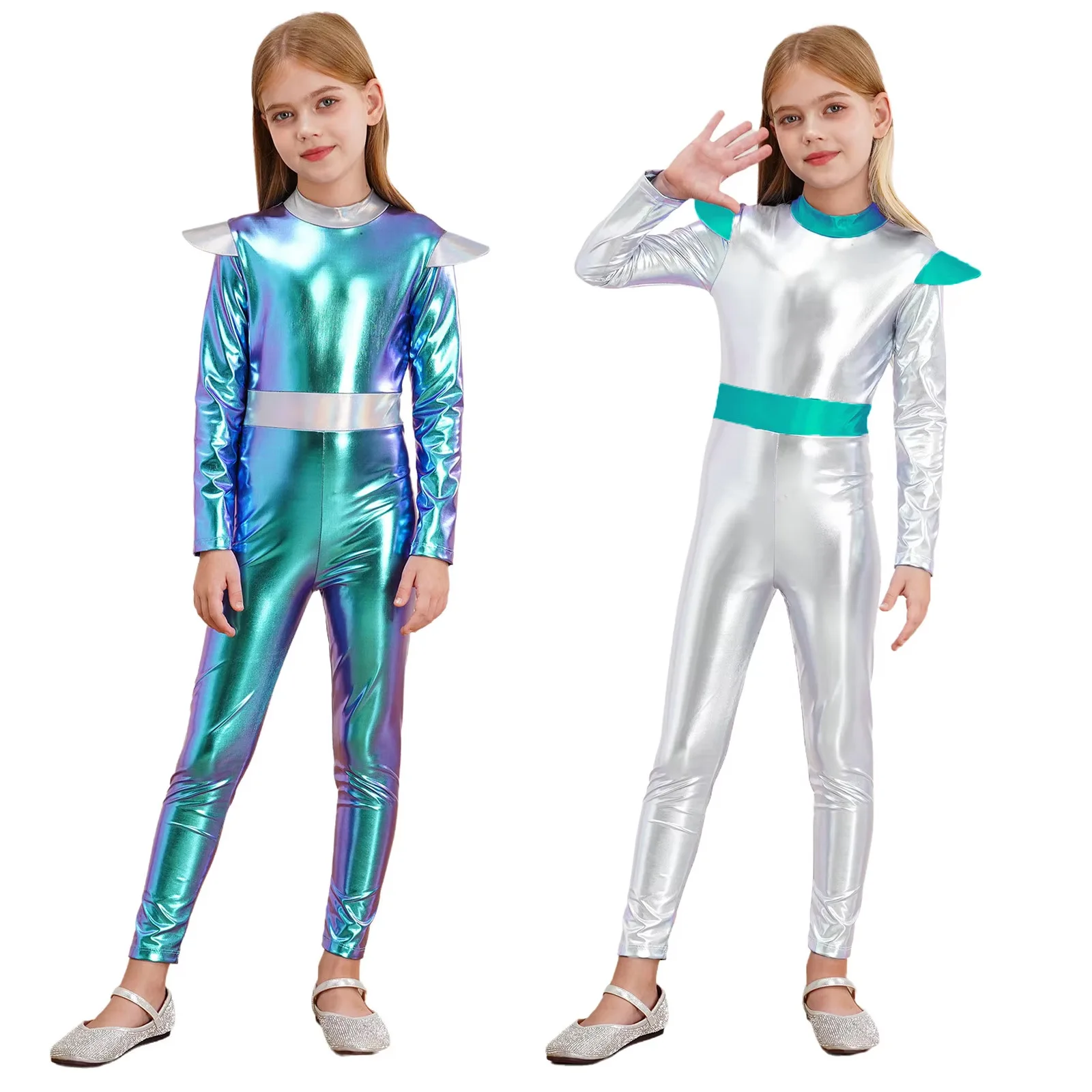 أزياء تنكرية لروبوت المستقبل للأطفال والكبار في الفضاء الخارجي، بدلة زنتاي لامعة معدنية لرائد الفضاء، ملابس الحفلات #2