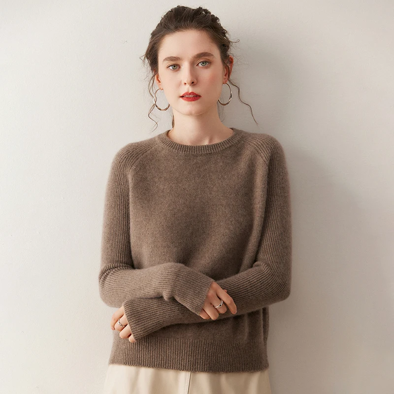 Stijlvolle Dames Trui Kleding 100% Kasjmier Trui O-hals Kantoor Vrouwelijke Herfst Winter Trui Raglanmouwen Gebreid