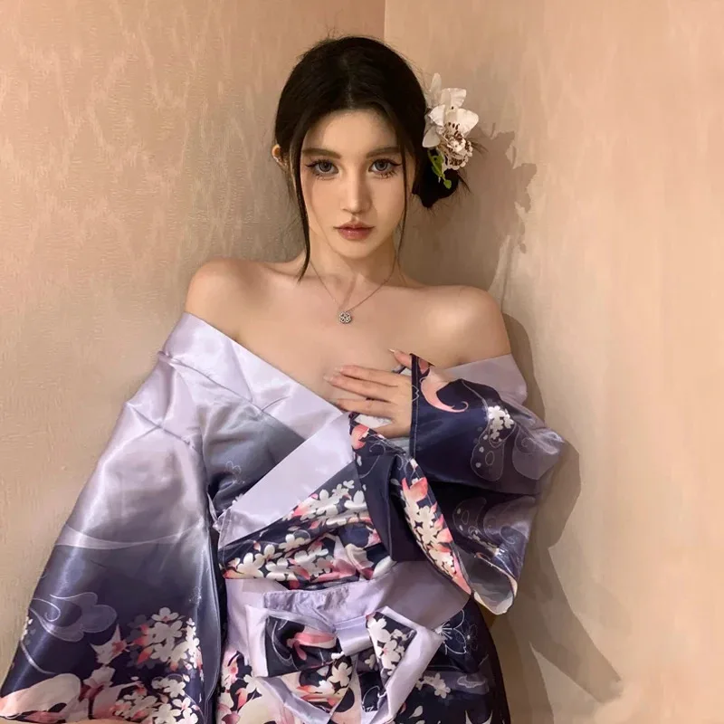 CySuper Sexy Purple Japanese Kimono Pajamas Bathrobe Yukata Cardigan Lingerie Temptation Anime Cosplay Halloween Costumes Women
