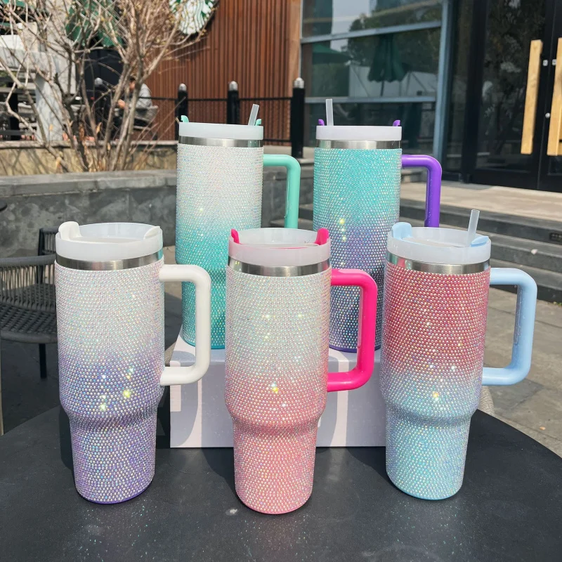 304Stainless Steel40Large Capacity Portable Rhinestone Straw Cup with Handle Ice Cup