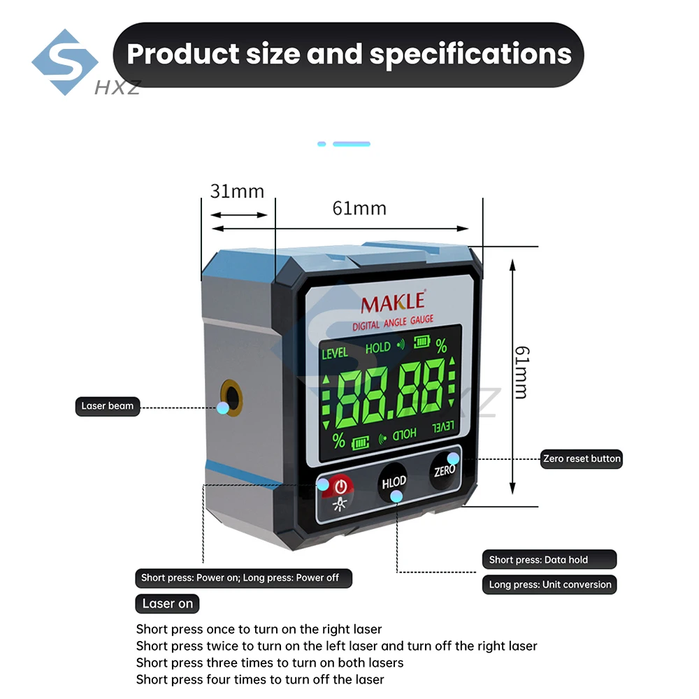 Digital Angle Gauge Laser Level Magnetic Inclinometer 4x90 Degree Electronic Protractor IP54 Waterproof Dustproof for Woodwork