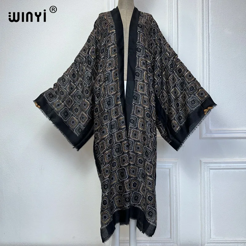 WINYI kimono beach wear women new dress beach cover up Cardigan Hot stamping Retro print coat abayas dubai luxury muslim dress