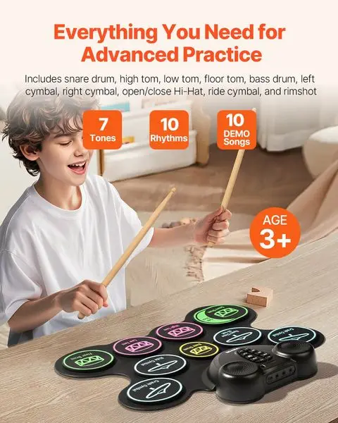Batterie électrique 9 pads avec pédales, haut-parleurs intégrés pour enfants