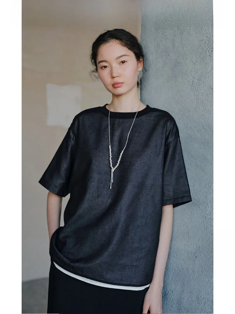 

Футболка Ltyp Travel Original High Twist из хлопка с вставками, свободного кроя, с круглым вырезом, женская, летняя, повседневный стиль, полностью хлопковая, с коротким рукавом