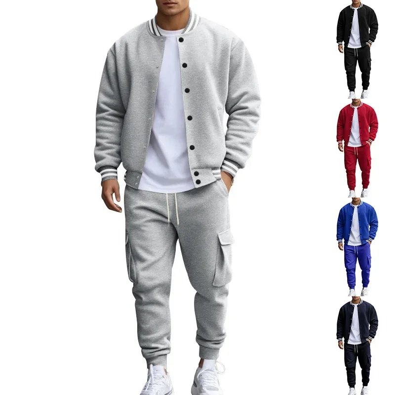 Autumn and Winter American Stand-Up Collar Baseball Jersey Trousers Fleece Casual Jacket Men's Loose Sports Suit
