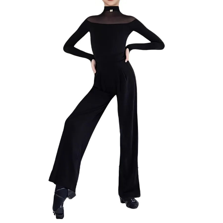National Standard Dance Suit Clothes Girls Latin Practice Wear Black Tops Pants Long Sleeves Ballroom Dance Training Outfits Set